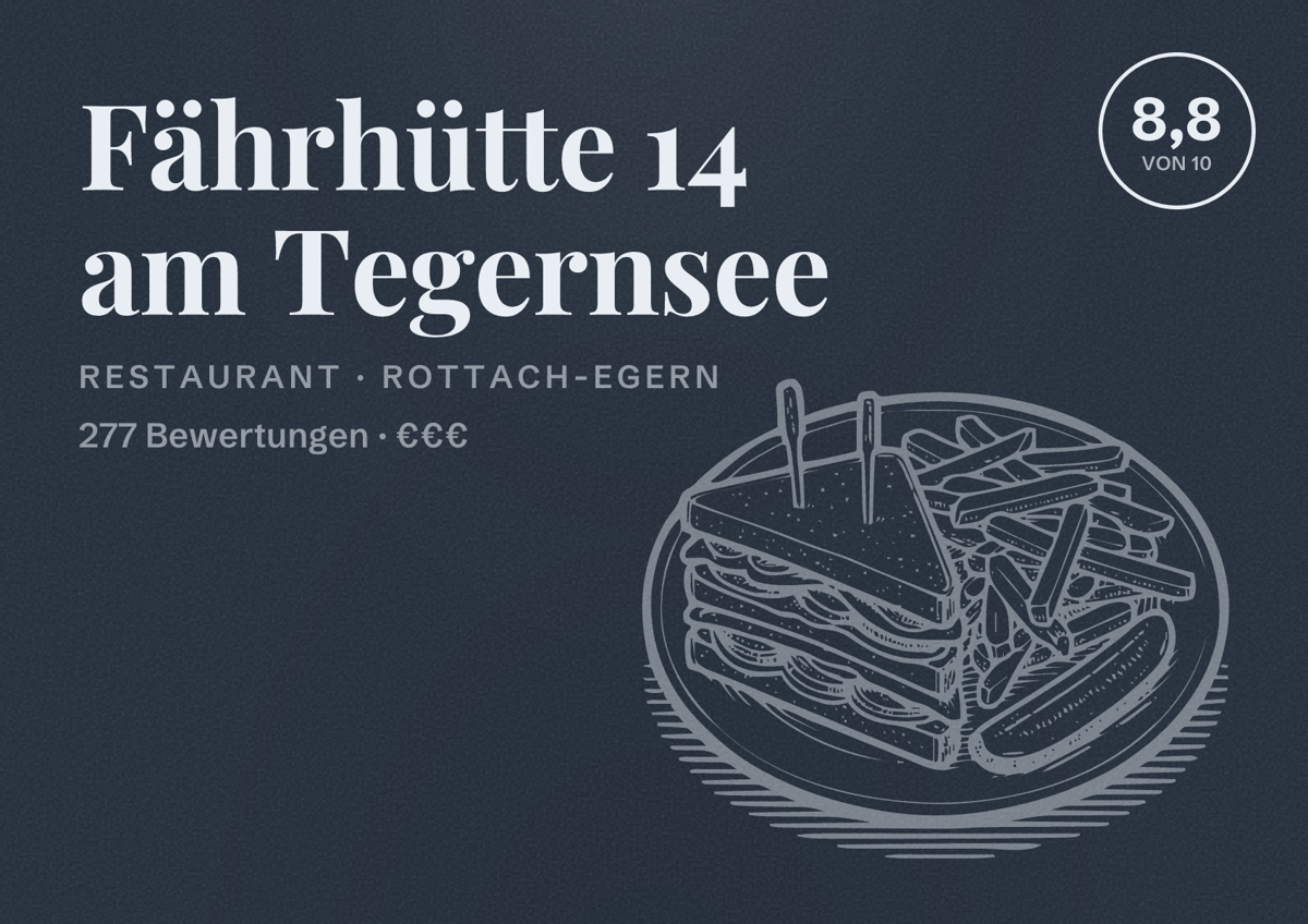 Illustriertes Poster von Fährhütte 14 am Tegernsee, Restaurant in Rottach-Egern: Bewertung 8,8 von 10 aus 277 Bewertungen, Preisniveau €€€
