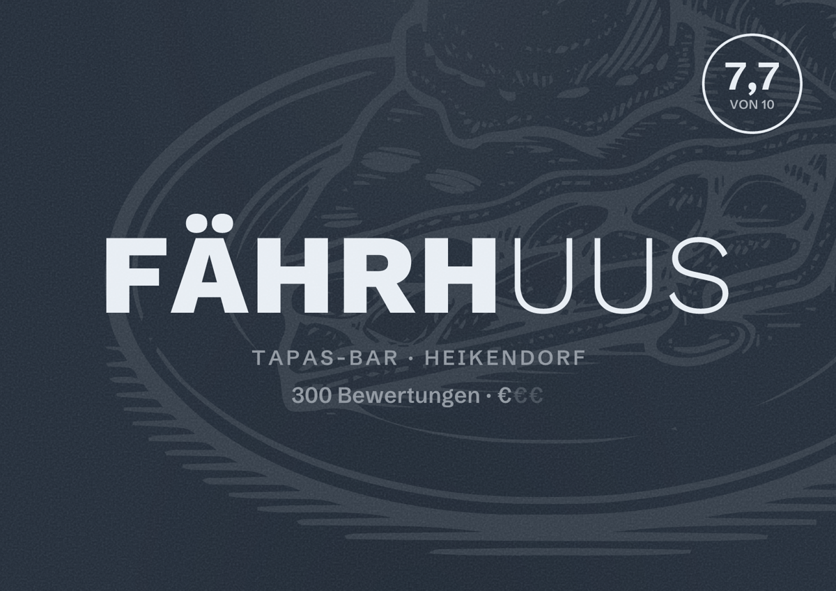 Illustriertes Poster von Fährhuus, Tapas-Bar in Heikendorf: Bewertung 7,7 von 10 aus 300 Bewertungen, Preisniveau €