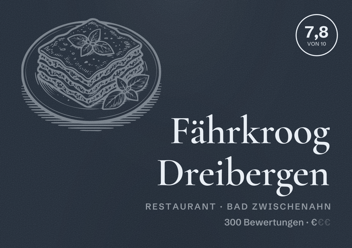 Illustriertes Poster von Fährkroog Dreibergen, Restaurant in Bad Zwischenahn: Bewertung 7,8 von 10 aus 300 Bewertungen, Preisniveau €
