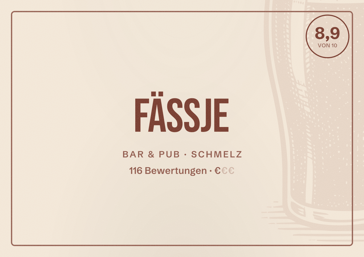 Illustriertes Poster von Fässje, Bar & Pub in Schmelz: Bewertung 8,9 von 10 aus 116 Bewertungen, Preisniveau €
