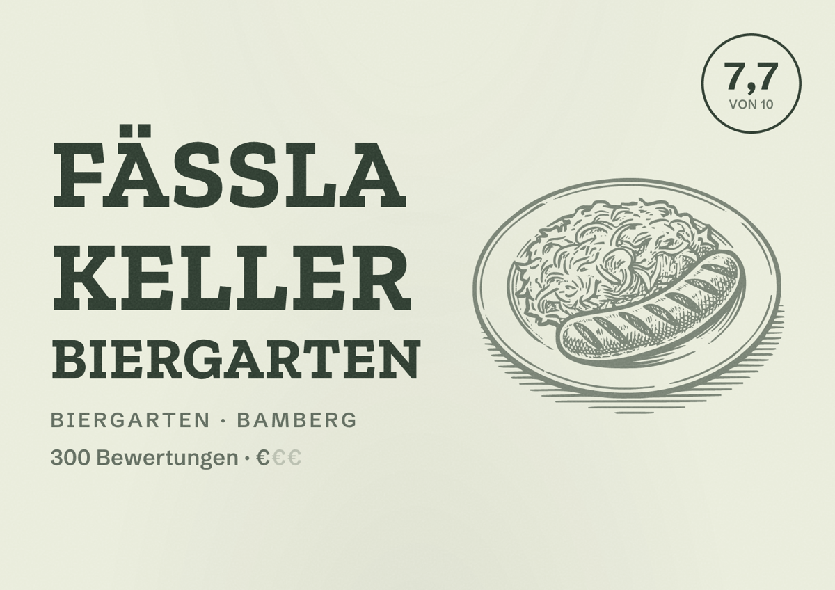 Illustriertes Poster von Fässla Keller Biergarten, Biergarten in Bamberg: Bewertung 7,7 von 10 aus 300 Bewertungen, Preisniveau €