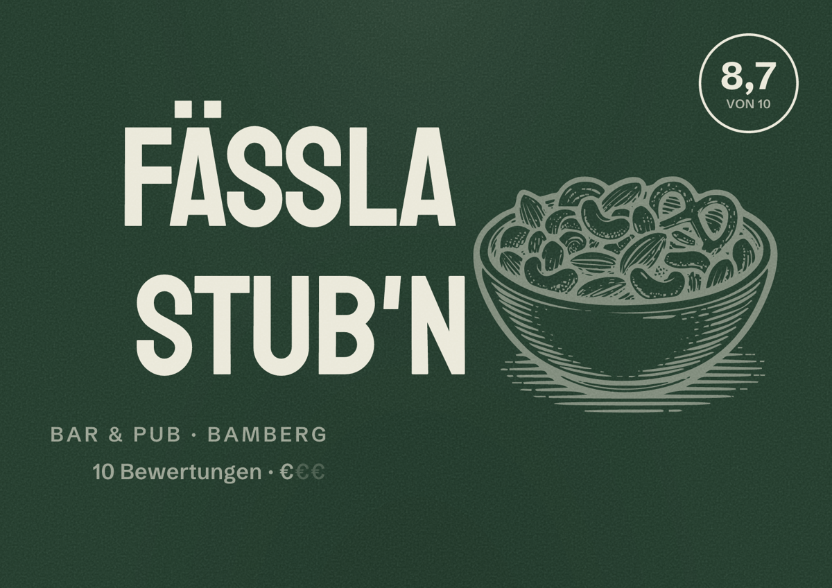 Illustriertes Poster von Fässla Stub'n, Bar & Pub in Bamberg: Bewertung 8,7 von 10 aus 10 Bewertungen, Preisniveau €