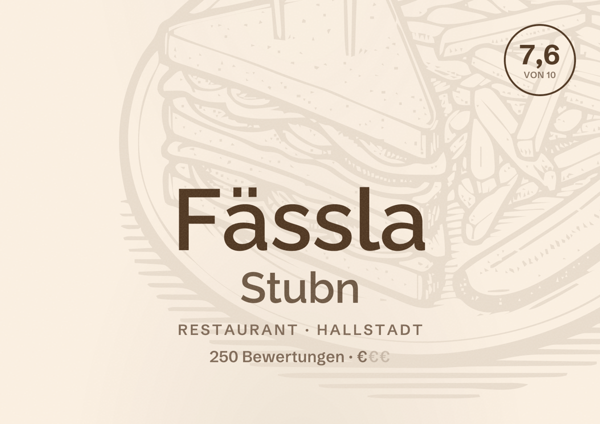 Illustriertes Poster von Fässla Stubn, Restaurant in Hallstadt: Bewertung 7,6 von 10 aus 250 Bewertungen, Preisniveau €