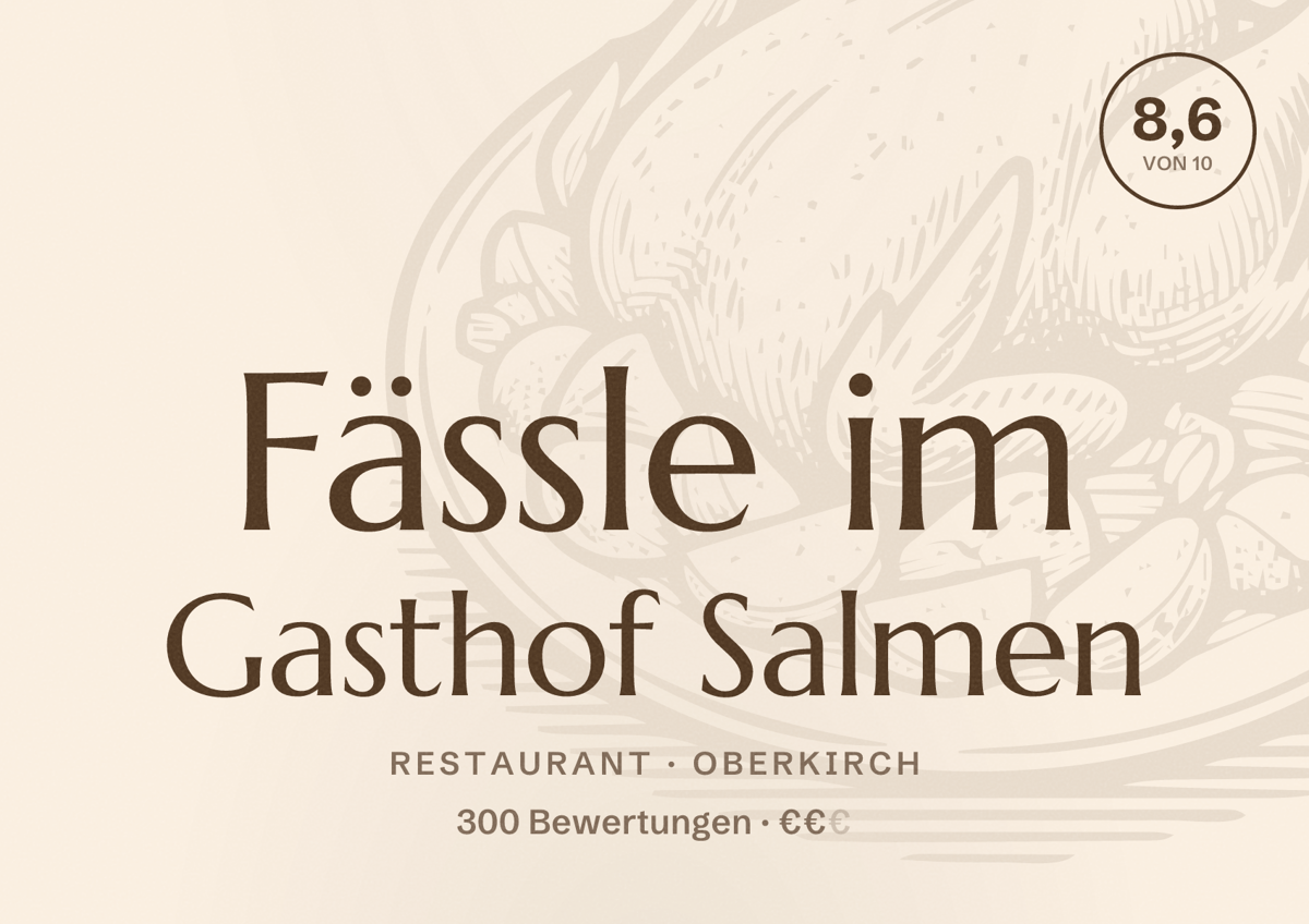 Illustriertes Poster von Fässle im Gasthof Salmen, Restaurant in Oberkirch: Bewertung 8,6 von 10 aus 300 Bewertungen, Preisniveau €€