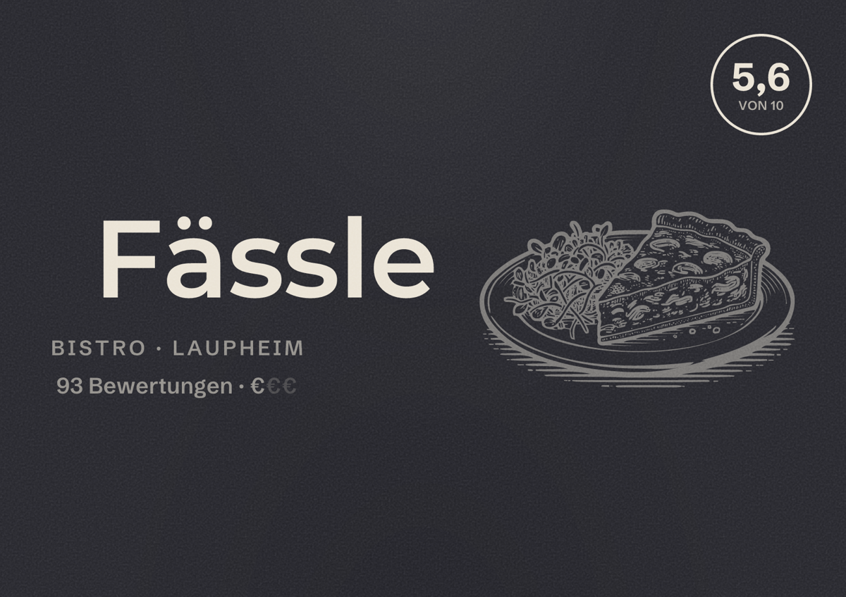Illustriertes Poster von Fässle, Bistro in Laupheim: Bewertung 5,6 von 10 aus 93 Bewertungen, Preisniveau €