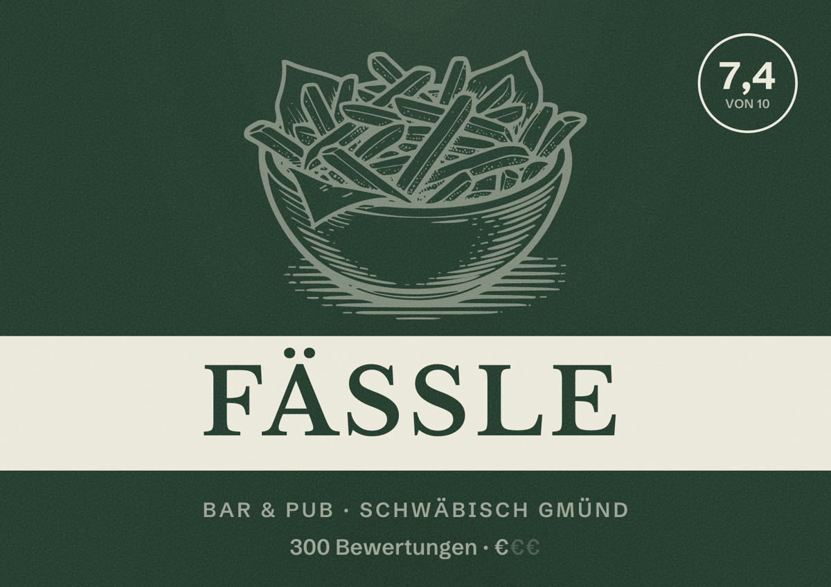 Illustriertes Poster von Fässle, Bar & Pub in Schwäbisch Gmünd: Bewertung 7,4 von 10 aus 300 Bewertungen, Preisniveau €