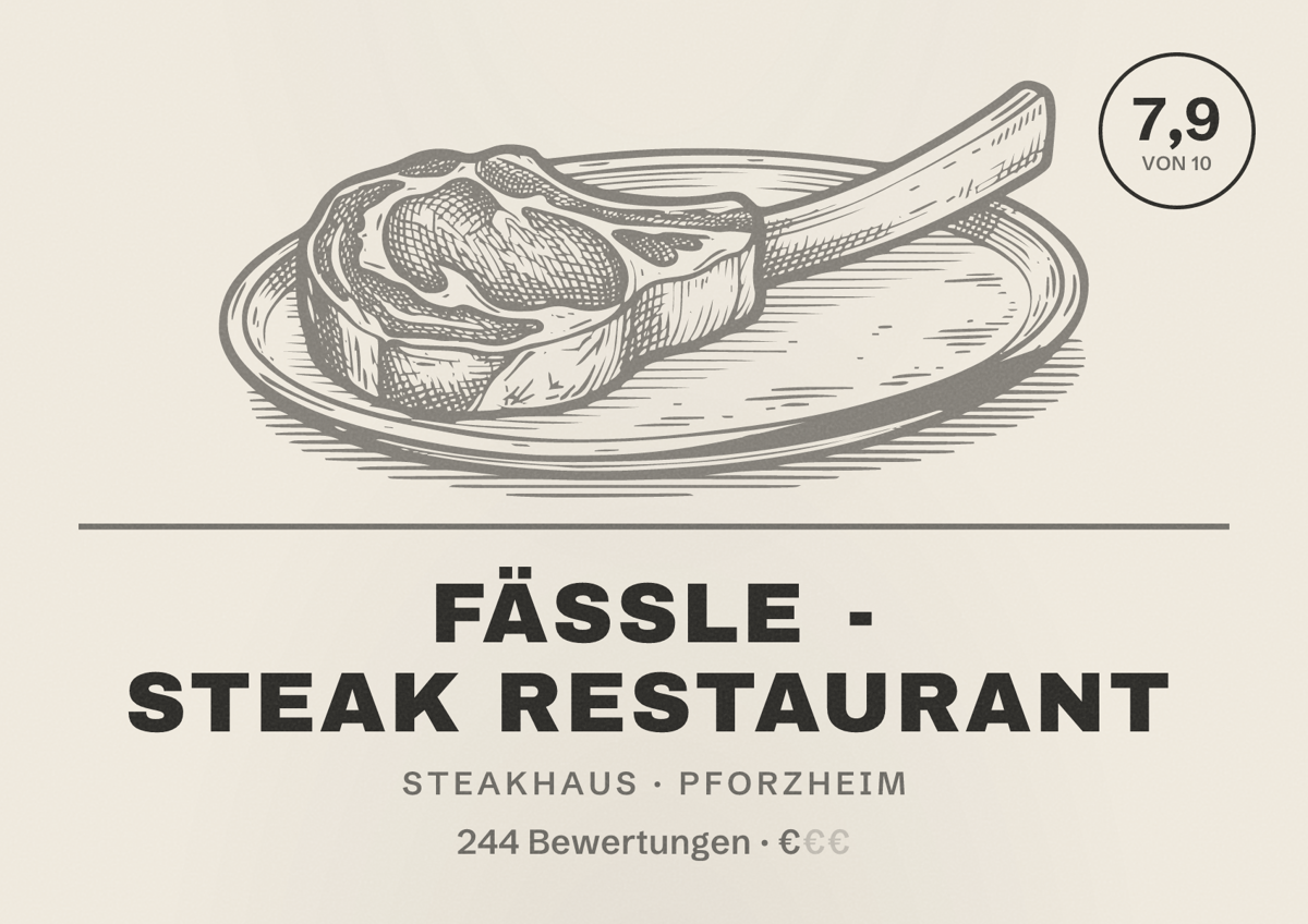 Illustriertes Poster von Fäßle - Steak Restaurant, Steakhaus in Pforzheim: Bewertung 7,9 von 10 aus 244 Bewertungen, Preisniveau €