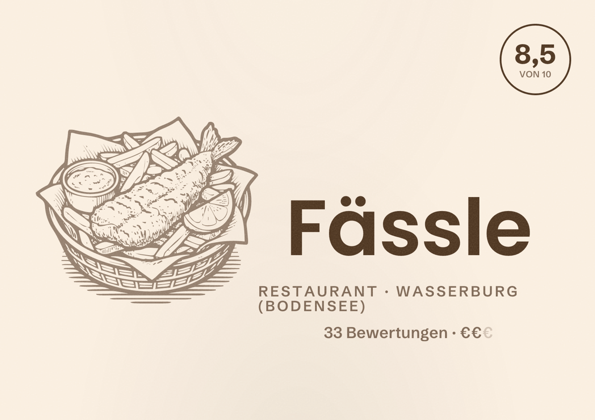 Illustriertes Poster von Fässle, Restaurant in Wasserburg (Bodensee): Bewertung 8,5 von 10 aus 33 Bewertungen, Preisniveau €€