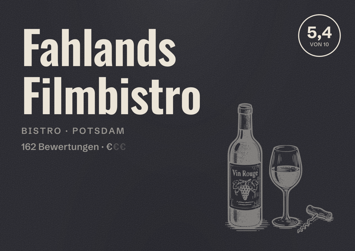 Illustriertes Poster von Fahlands Filmbistro, Bistro in Potsdam: Bewertung 5,4 von 10 aus 162 Bewertungen, Preisniveau €