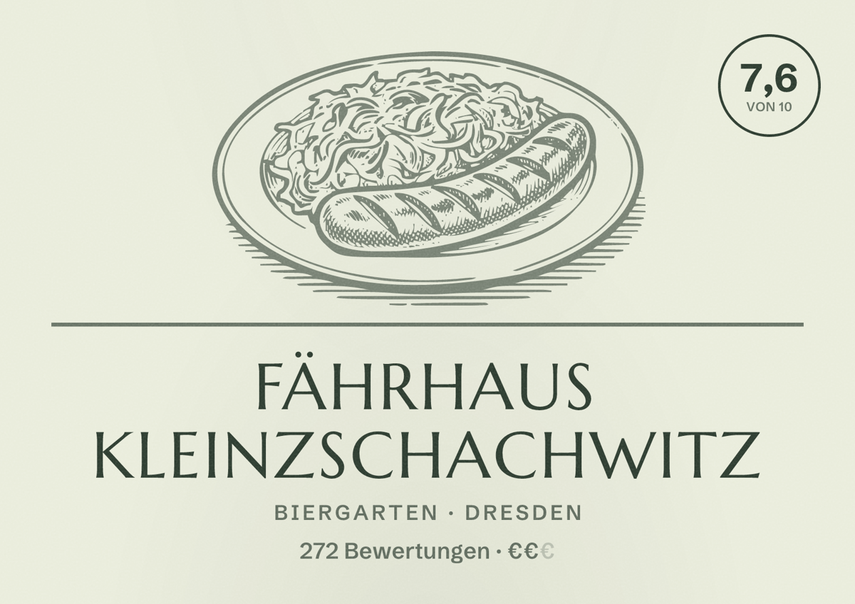 Illustriertes Poster von Fährhaus Kleinzschachwitz, Biergarten in Dresden: Bewertung 7,6 von 10 aus 272 Bewertungen, Preisniveau €€
