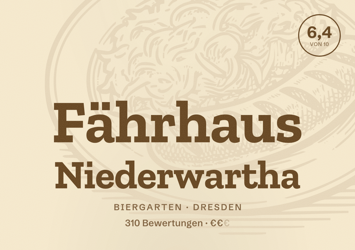 Illustriertes Poster von Fährhaus Niederwartha, Biergarten in Dresden: Bewertung 6,4 von 10 aus 310 Bewertungen, Preisniveau €€