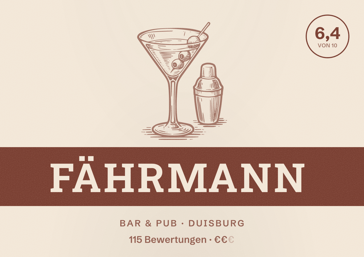 Illustriertes Poster von Fährmann, Bar & Pub in Duisburg: Bewertung 6,4 von 10 aus 115 Bewertungen, Preisniveau €€