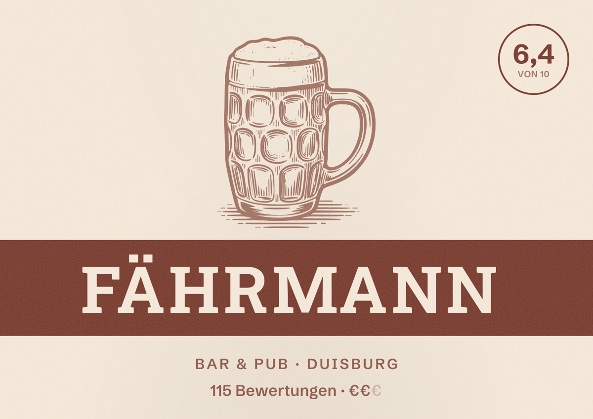 Illustriertes Poster von Fährmann, Bar & Pub in Duisburg: Bewertung 6,5 von 10 aus 115 Bewertungen, Preisniveau €€