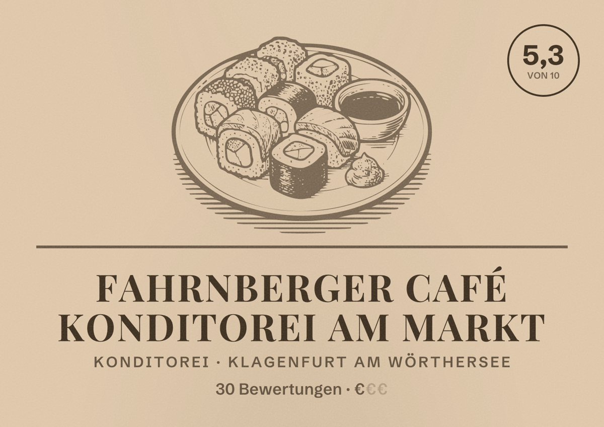 Illustriertes Poster von Fahrnberger Café Konditorei am Markt, Konditorei in Klagenfurt am Wörthersee: Bewertung 5,3 von 10 aus 30 Bewertungen, Preisniveau €