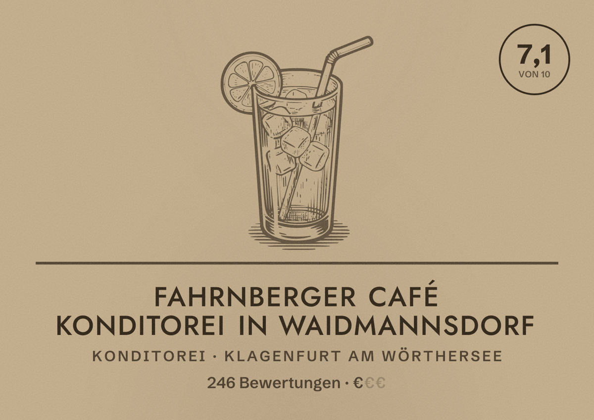 Illustriertes Poster von Fahrnberger Café Konditorei in Waidmannsdorf, Konditorei in Klagenfurt am Wörthersee: Bewertung 7,1 von 10 aus 246 Bewertungen, Preisniveau €