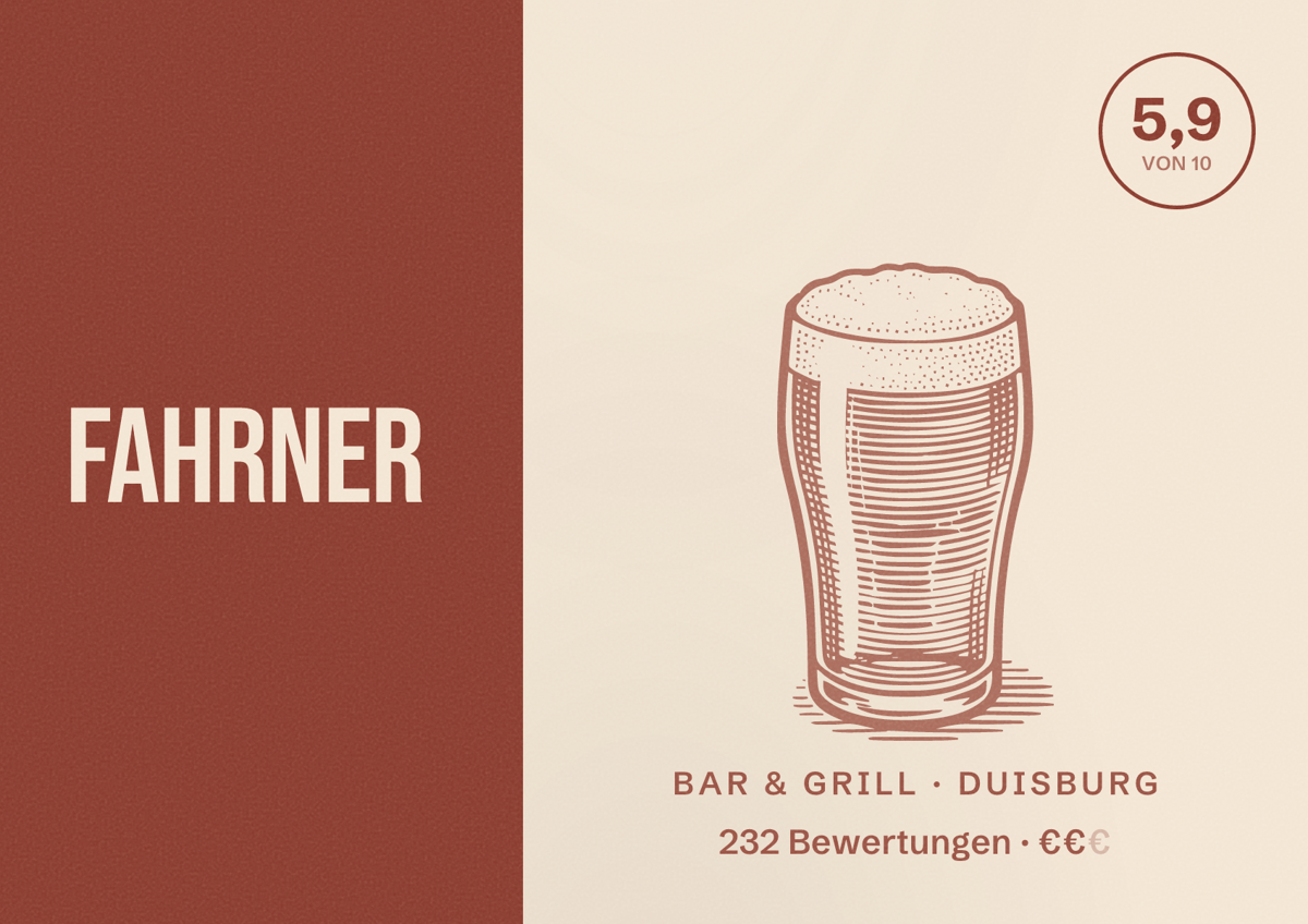Illustriertes Poster von Fahrner, Bar & Grill in Duisburg: Bewertung 5,9 von 10 aus 232 Bewertungen, Preisniveau €€
