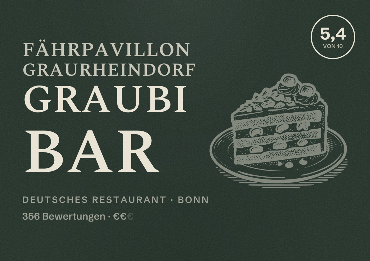 Illustriertes Poster von Fährpavillon Graurheindorf Graubi Bar, Deutsches Restaurant in Bonn: Bewertung 5,4 von 10 aus 356 Bewertungen, Preisniveau €€