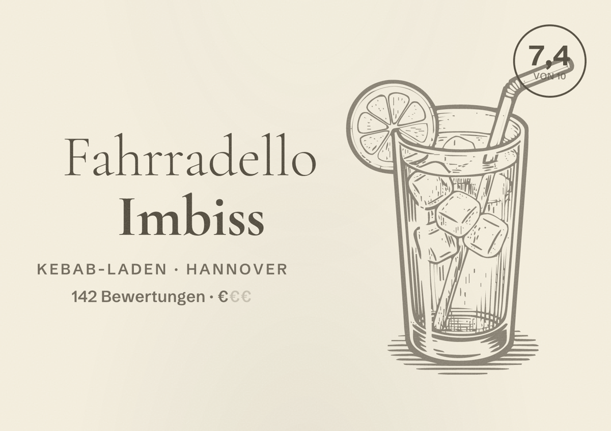 Illustriertes Poster von Fahrradello Imbiss, Kebab-Laden in Hannover: Bewertung 7,4 von 10 aus 142 Bewertungen, Preisniveau €