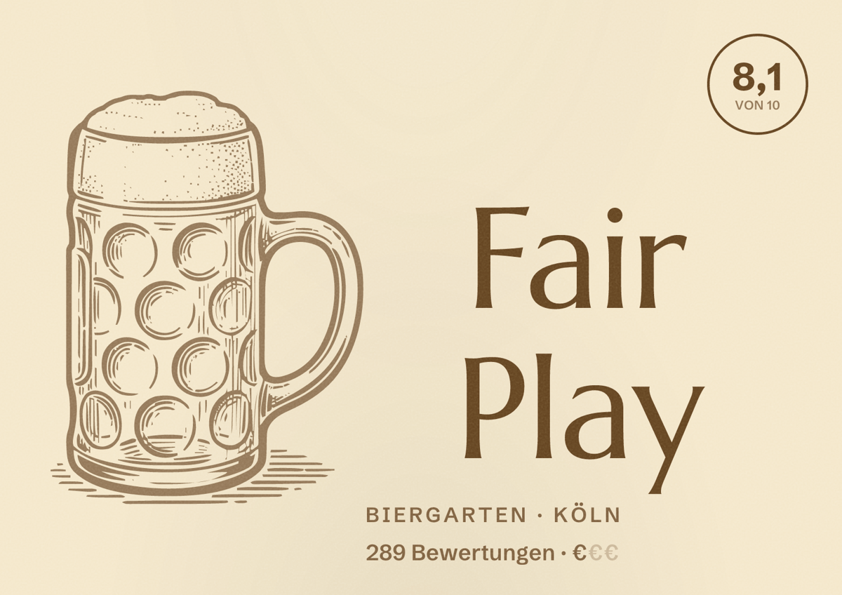Illustriertes Poster von Fair Play, Biergarten in Köln: Bewertung 8,1 von 10 aus 289 Bewertungen, Preisniveau €