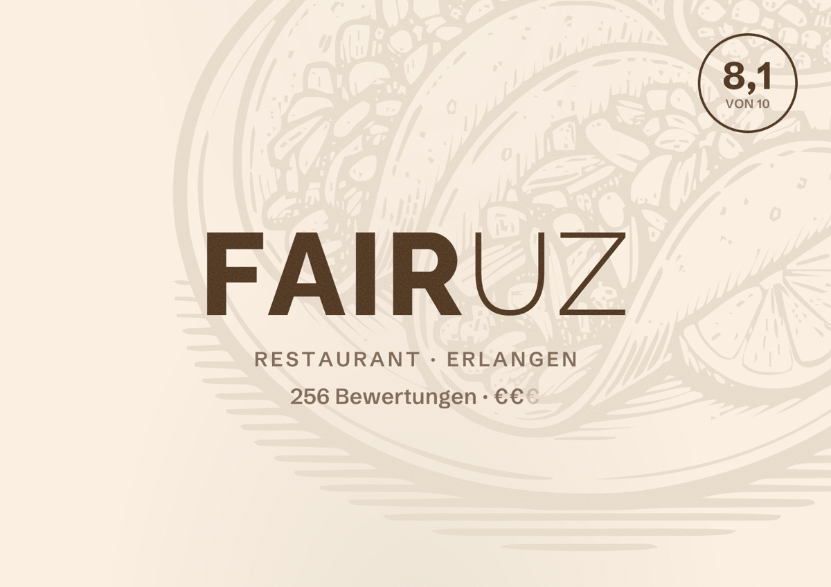 Illustriertes Poster von Fairuz, Restaurant in Erlangen: Bewertung 8,1 von 10 aus 256 Bewertungen, Preisniveau €€