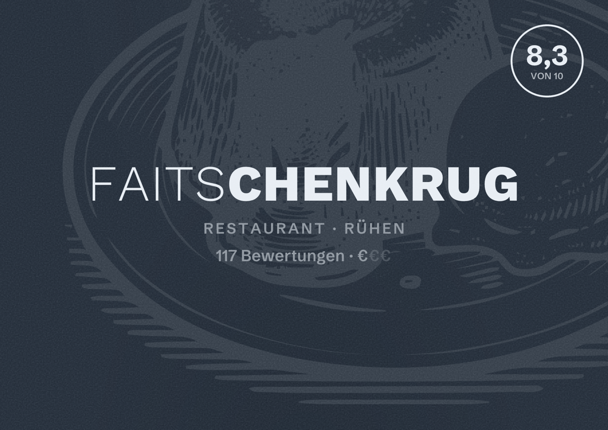 Illustriertes Poster von Faitschenkrug, Restaurant in Rühen: Bewertung 8,3 von 10 aus 117 Bewertungen, Preisniveau €