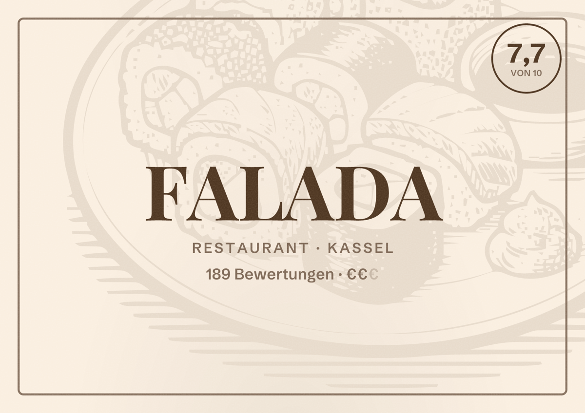 Illustriertes Poster von FALADA, Restaurant in Kassel: Bewertung 7,7 von 10 aus 189 Bewertungen, Preisniveau €€