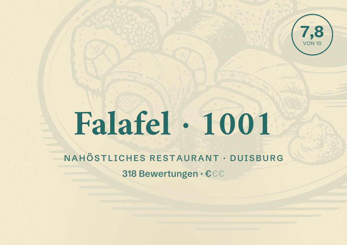 Illustriertes Poster von Falafel 1001, Nahöstliches Restaurant in Duisburg: Gästebewertung 7,8 von 10 aus 318 Bewertungen
