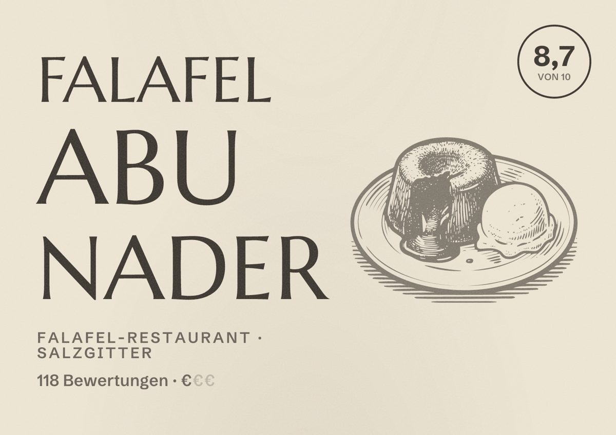Illustriertes Poster von Falafel Abu Nader, Falafel-Restaurant in Salzgitter: Bewertung 8,7 von 10 aus 118 Bewertungen, Preisniveau €