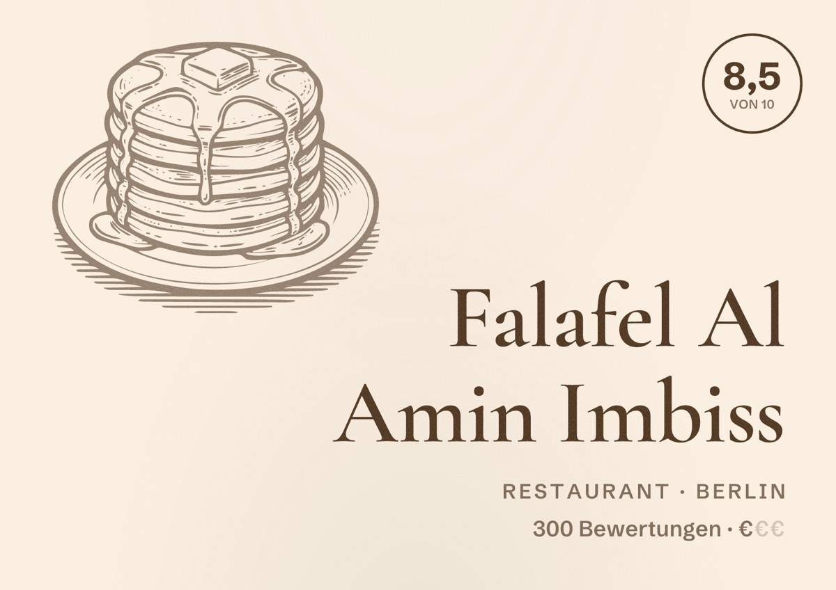 Illustriertes Poster von Falafel Al Amin Imbiss, Restaurant in Berlin: Bewertung 8,5 von 10 aus 300 Bewertungen, Preisniveau €
