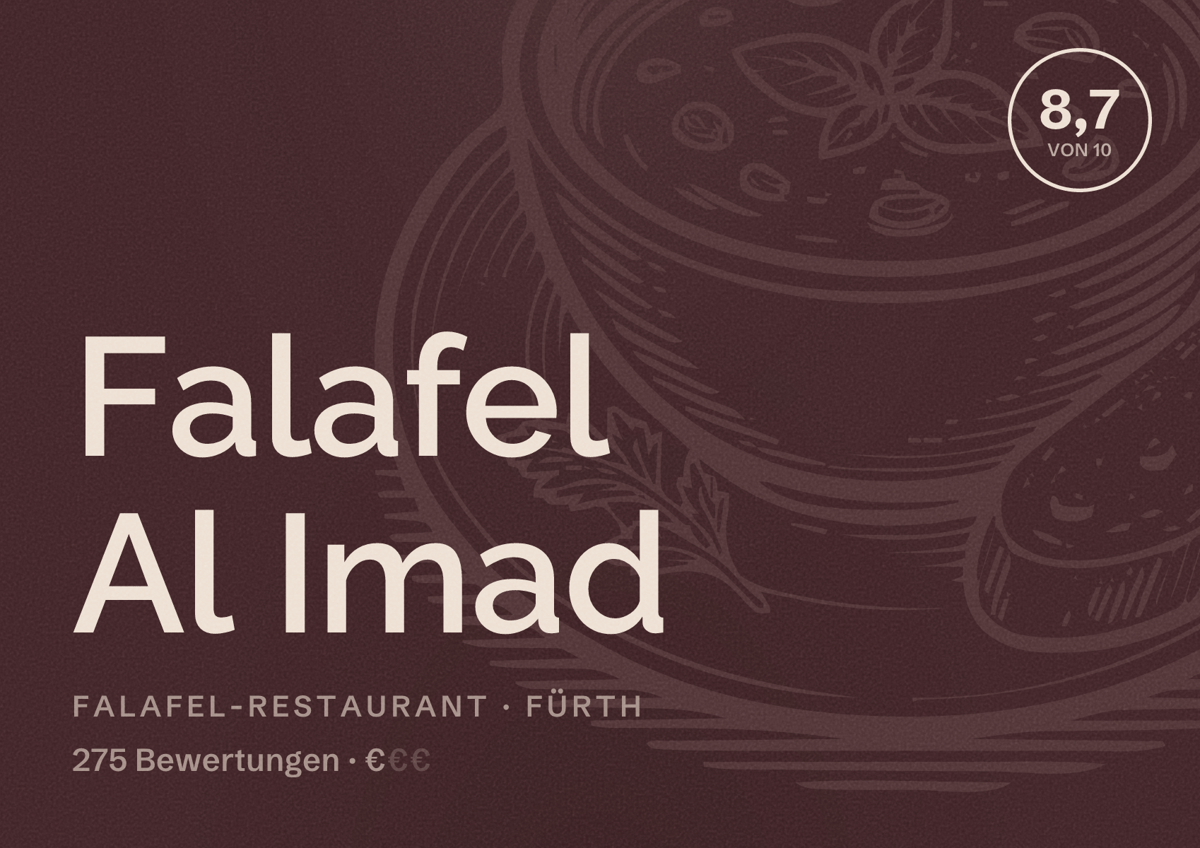 Illustriertes Poster von Falafel Al Imad, Falafel-Restaurant in Fürth: Bewertung 8,7 von 10 aus 275 Bewertungen, Preisniveau €