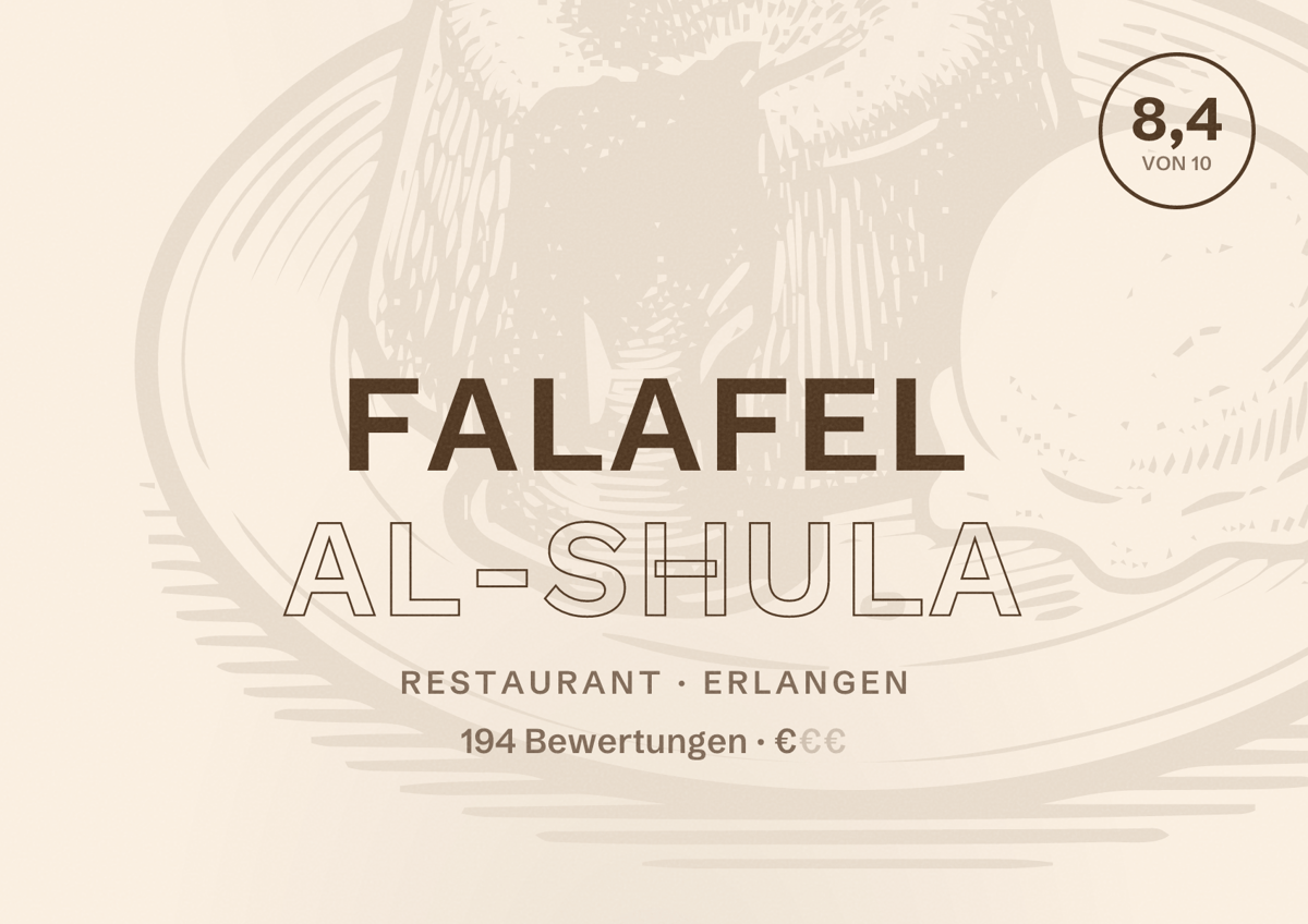 Illustriertes Poster von Falafel Al-Shula, Restaurant in Erlangen: Bewertung 8,4 von 10 aus 194 Bewertungen, Preisniveau €