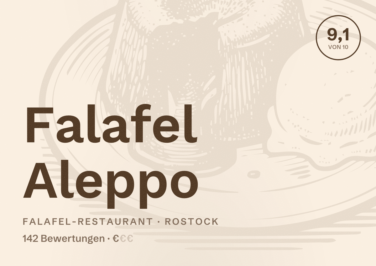 Illustriertes Poster von Falafel Aleppo, Falafel-Restaurant in Rostock: Bewertung 9,1 von 10 aus 142 Bewertungen, Preisniveau €