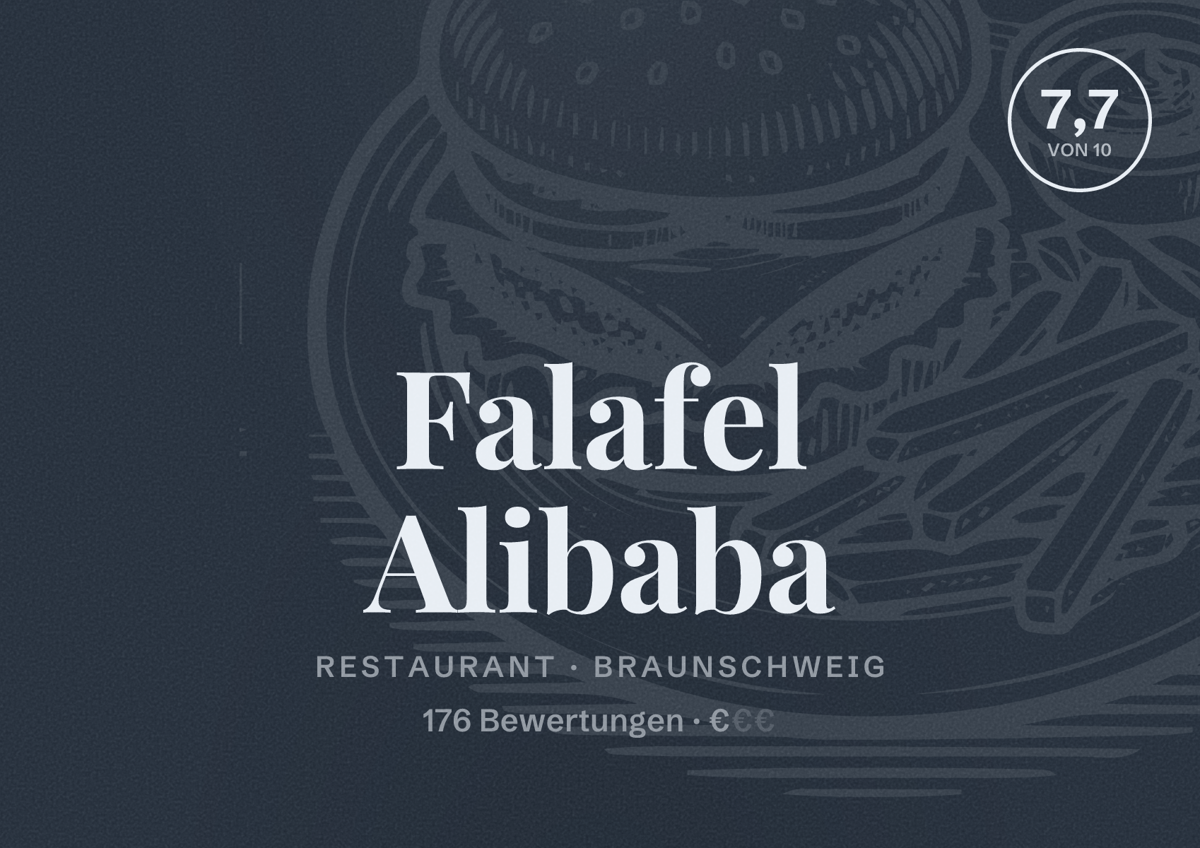Illustriertes Poster von Falafel Alibaba, Restaurant in Braunschweig: Bewertung 7,7 von 10 aus 176 Bewertungen, Preisniveau €