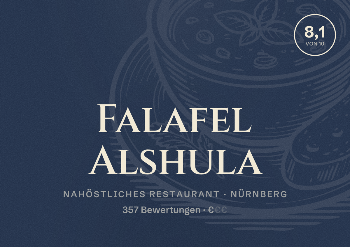 Illustriertes Poster von Falafel Alshula, Nahöstliches Restaurant in Nürnberg: Bewertung 8,1 von 10 aus 357 Bewertungen, Preisniveau €