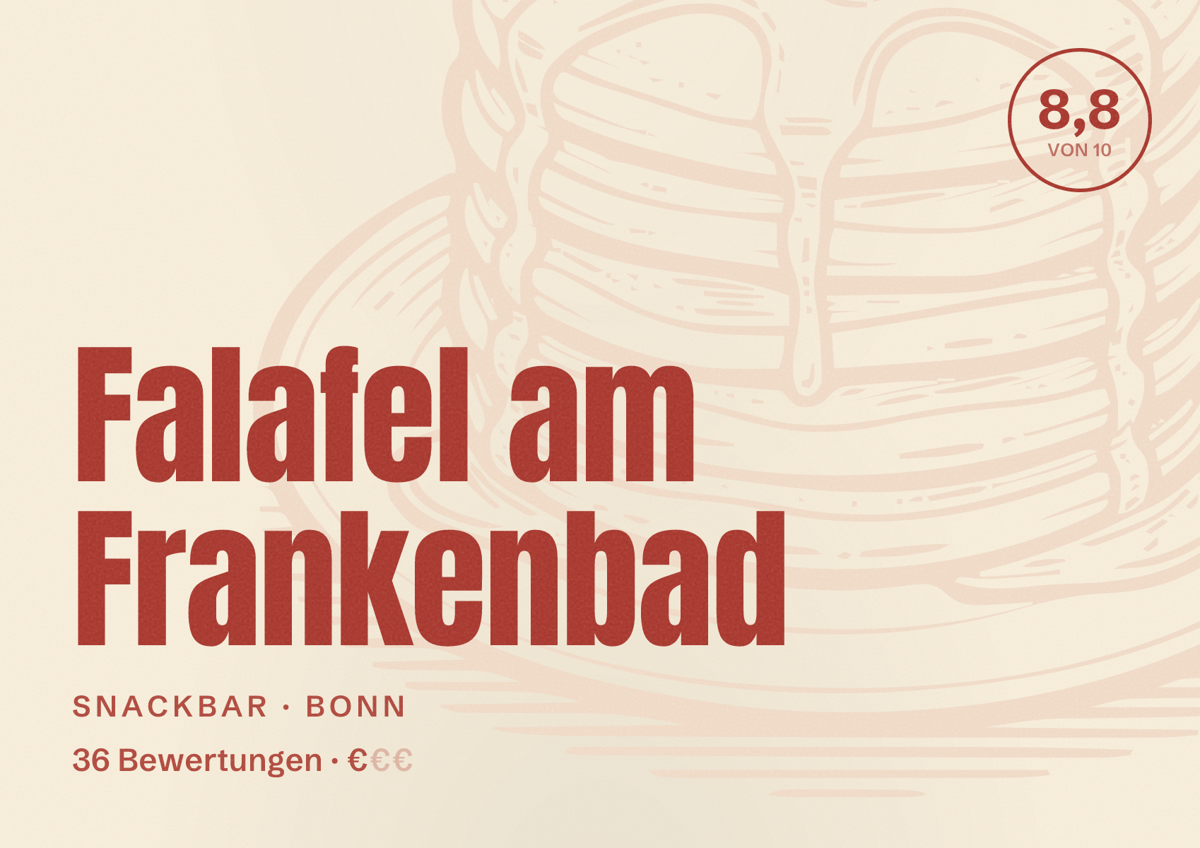 Illustriertes Poster von Falafel am Frankenbad, Snackbar in Bonn: Bewertung 8,8 von 10 aus 36 Bewertungen, Preisniveau €