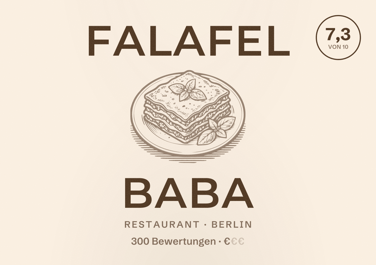 Illustriertes Poster von Falafel Baba, Restaurant in Berlin: Bewertung 7,3 von 10 aus 300 Bewertungen, Preisniveau €