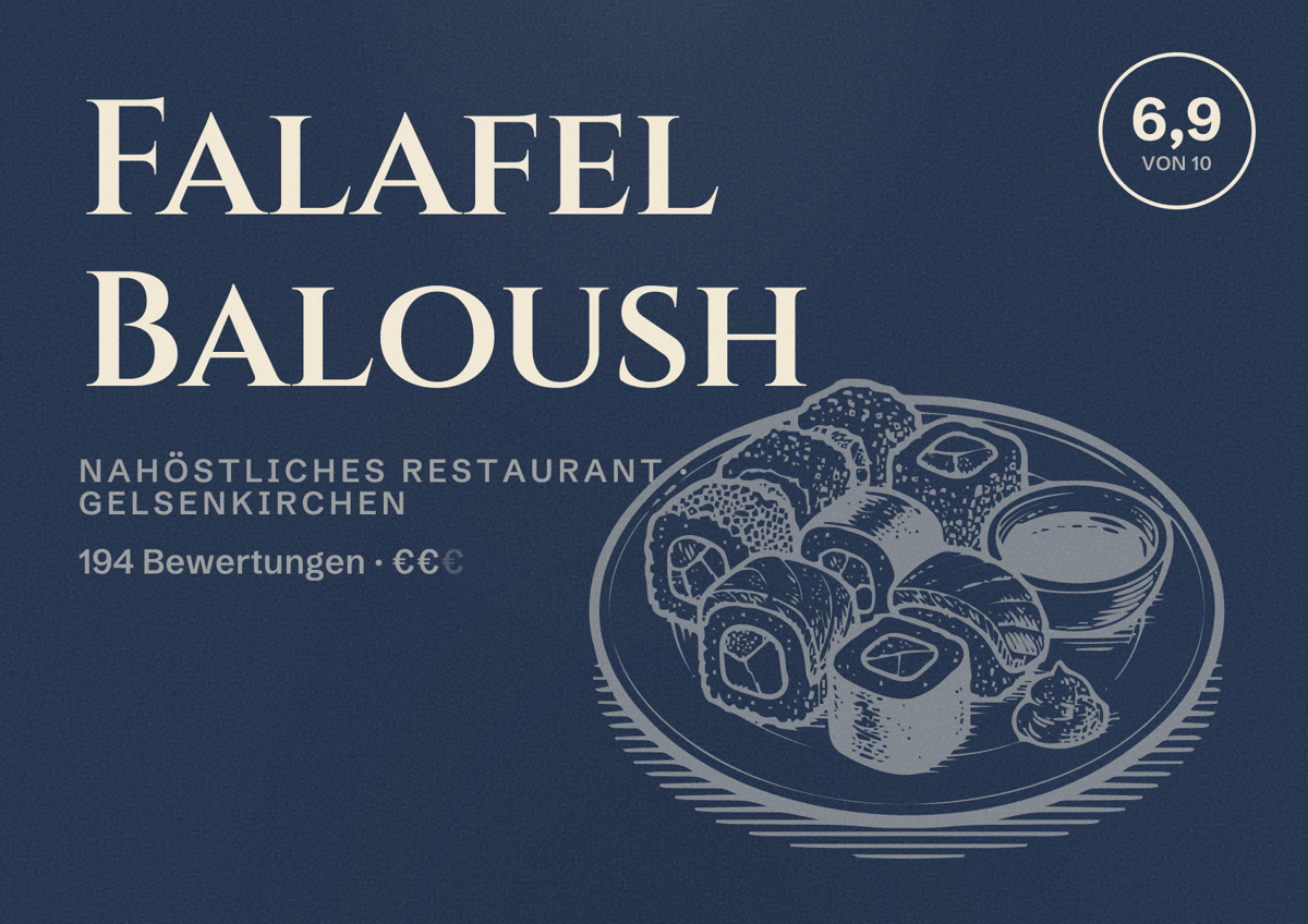 Illustriertes Poster von Falafel Baloush, Nahöstliches Restaurant in Gelsenkirchen: Bewertung 6,9 von 10 aus 194 Bewertungen, Preisniveau €€