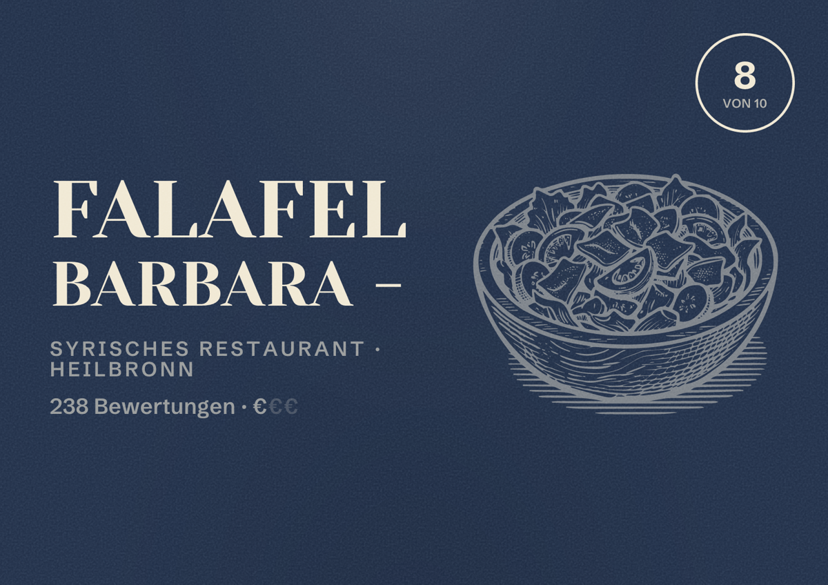 Illustriertes Poster von Falafel Barbara -, Syrisches Restaurant in Heilbronn: Bewertung 8 von 10 aus 238 Bewertungen, Preisniveau €