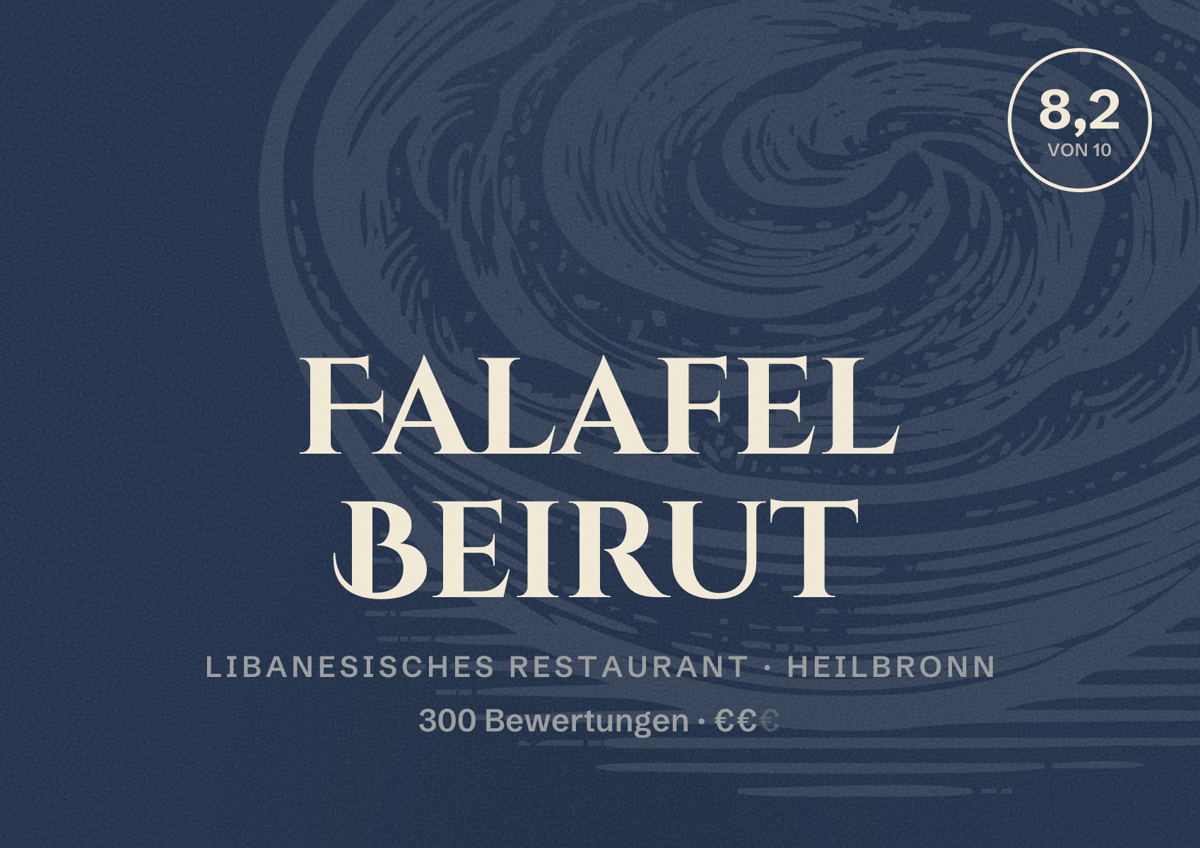 Illustriertes Poster von Falafel Beirut, Libanesisches Restaurant in Heilbronn: Bewertung 8,2 von 10 aus 300 Bewertungen, Preisniveau €€