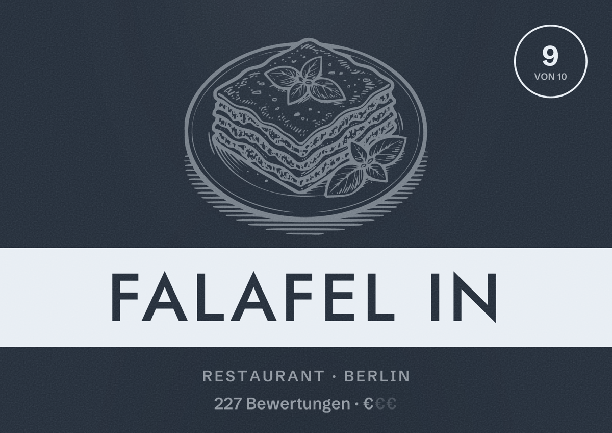 Illustriertes Poster von Falafel in, Restaurant in Berlin: Bewertung 9 von 10 aus 227 Bewertungen, Preisniveau €