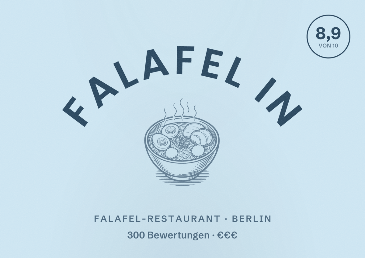 Illustriertes Poster von Falafel in, Falafel-Restaurant in Berlin: Bewertung 8,9 von 10 aus 300 Bewertungen, Preisniveau €€€