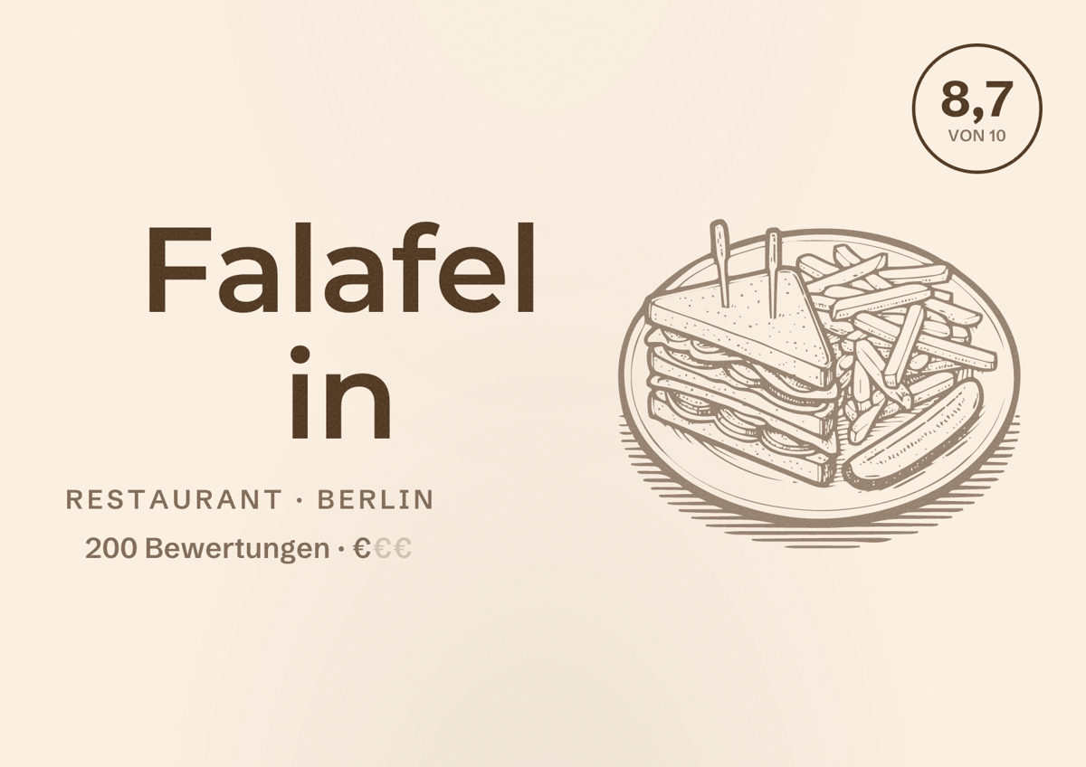 Illustriertes Poster von Falafel in, Restaurant in Berlin: Bewertung 8,7 von 10 aus 200 Bewertungen, Preisniveau €