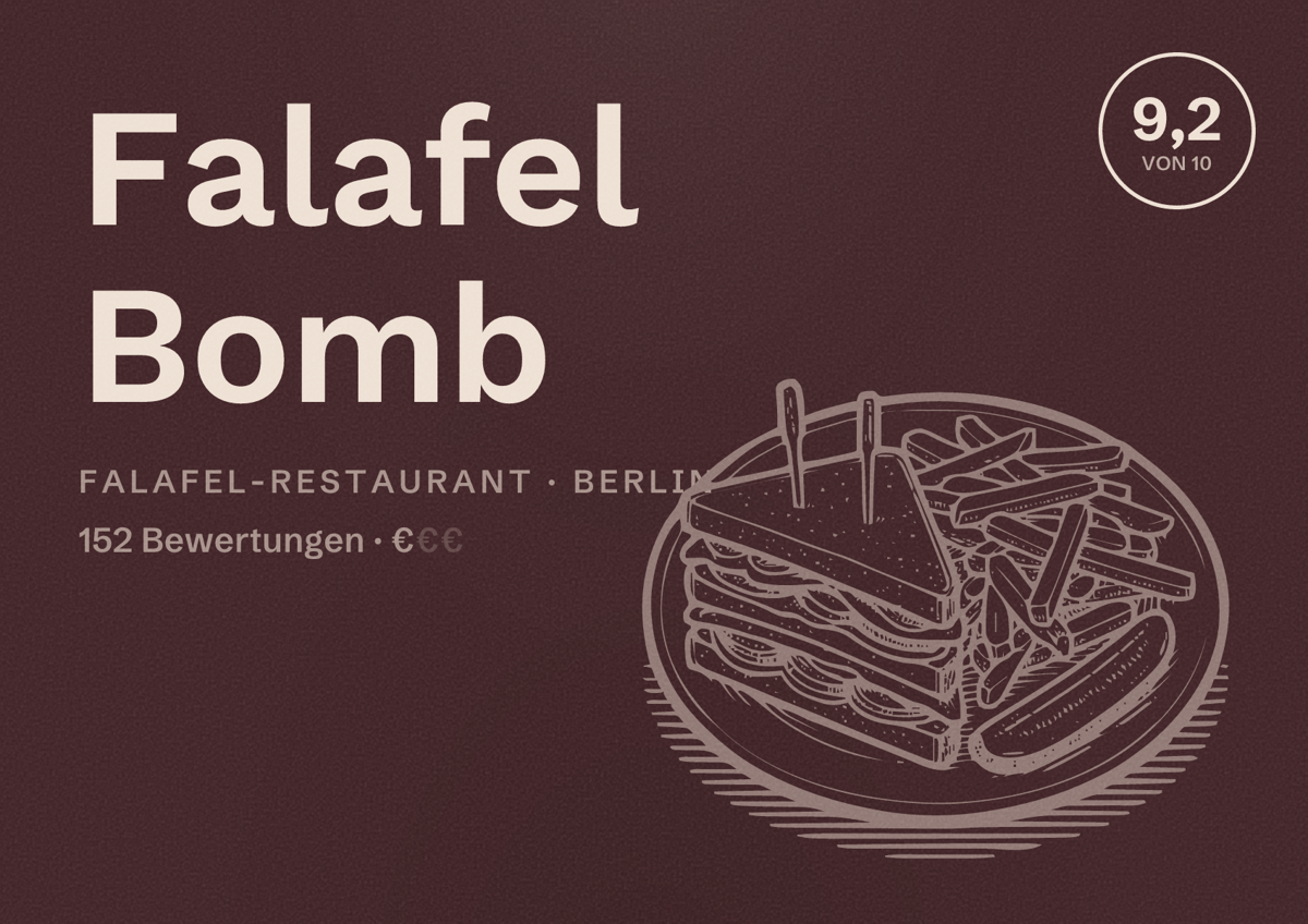 Illustriertes Poster von Falafel Bomb, Falafel-Restaurant in Berlin: Bewertung 9,2 von 10 aus 152 Bewertungen, Preisniveau €