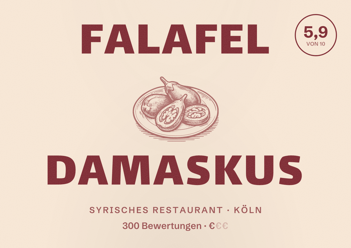 Illustriertes Poster von Falafel Damaskus, Syrisches Restaurant in Köln: Bewertung 5,9 von 10 aus 300 Bewertungen, Preisniveau €
