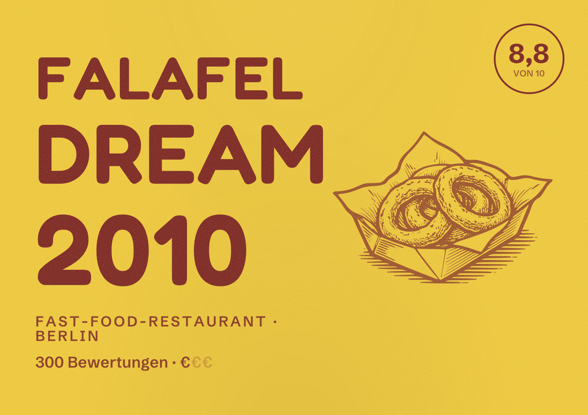Illustriertes Poster von Falafel Dream 2010, Fast-Food-Restaurant in Berlin: Bewertung 8,8 von 10 aus 300 Bewertungen, Preisniveau €