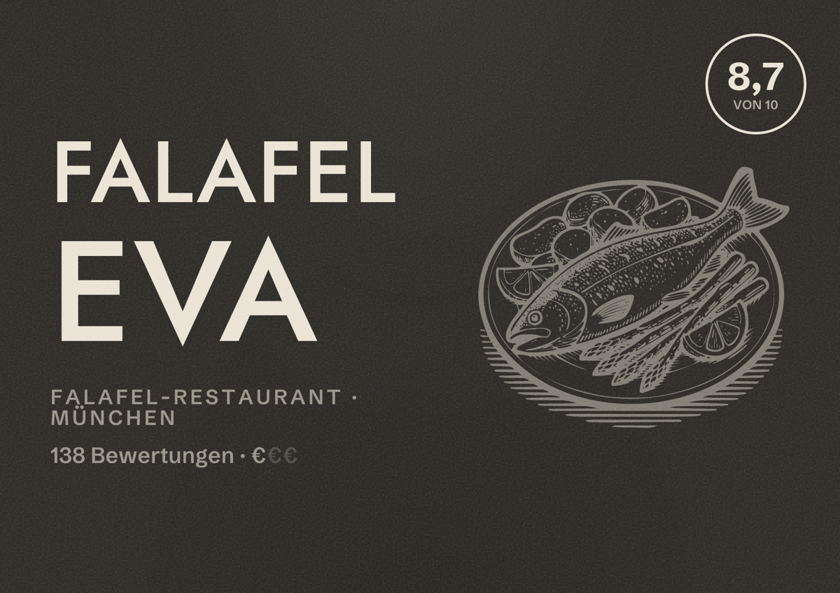 Illustriertes Poster von Falafel Eva, Falafel-Restaurant in München: Bewertung 8,7 von 10 aus 138 Bewertungen, Preisniveau €