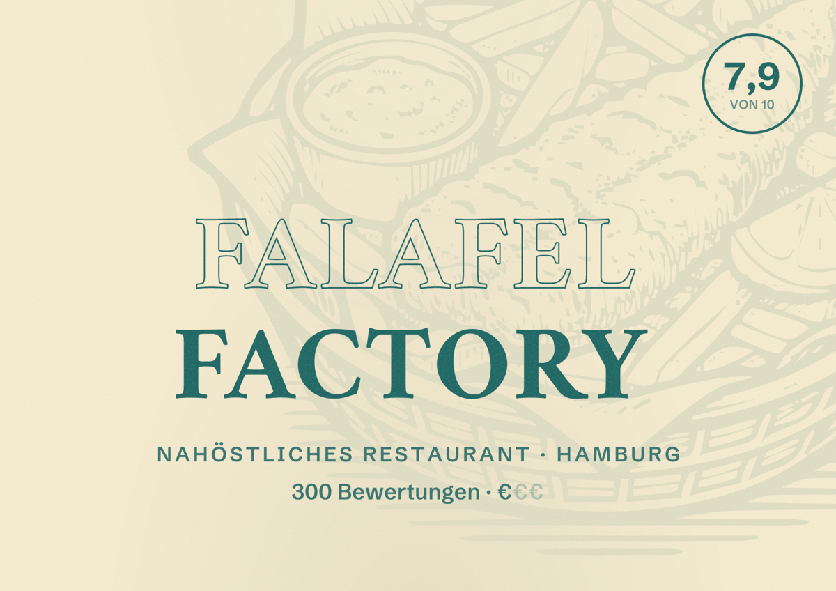 Illustriertes Poster von Falafel Factory, Nahöstliches Restaurant in Hamburg: Bewertung 7,9 von 10 aus 300 Bewertungen, Preisniveau €