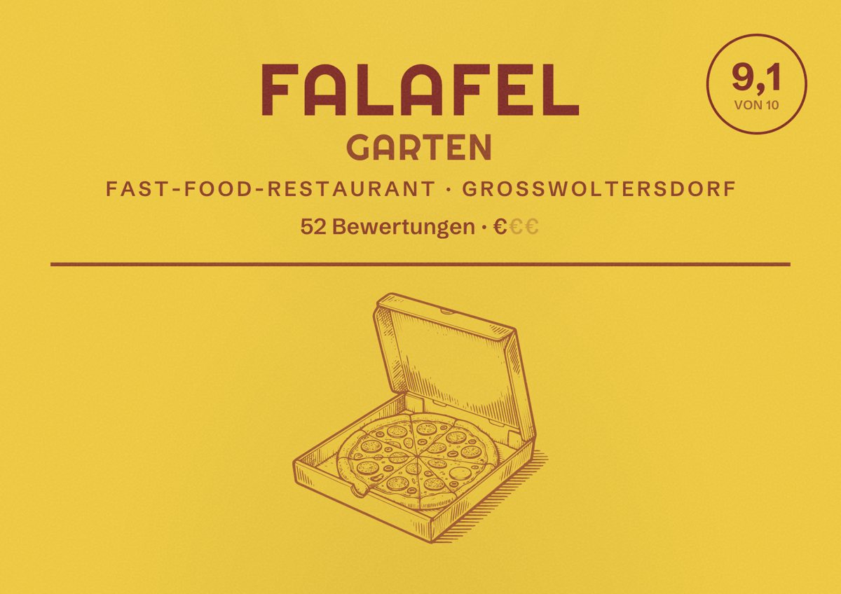 Illustriertes Poster von Falafel Garten, Fast-Food-Restaurant in Großwoltersdorf: Bewertung 9,1 von 10 aus 52 Bewertungen, Preisniveau €