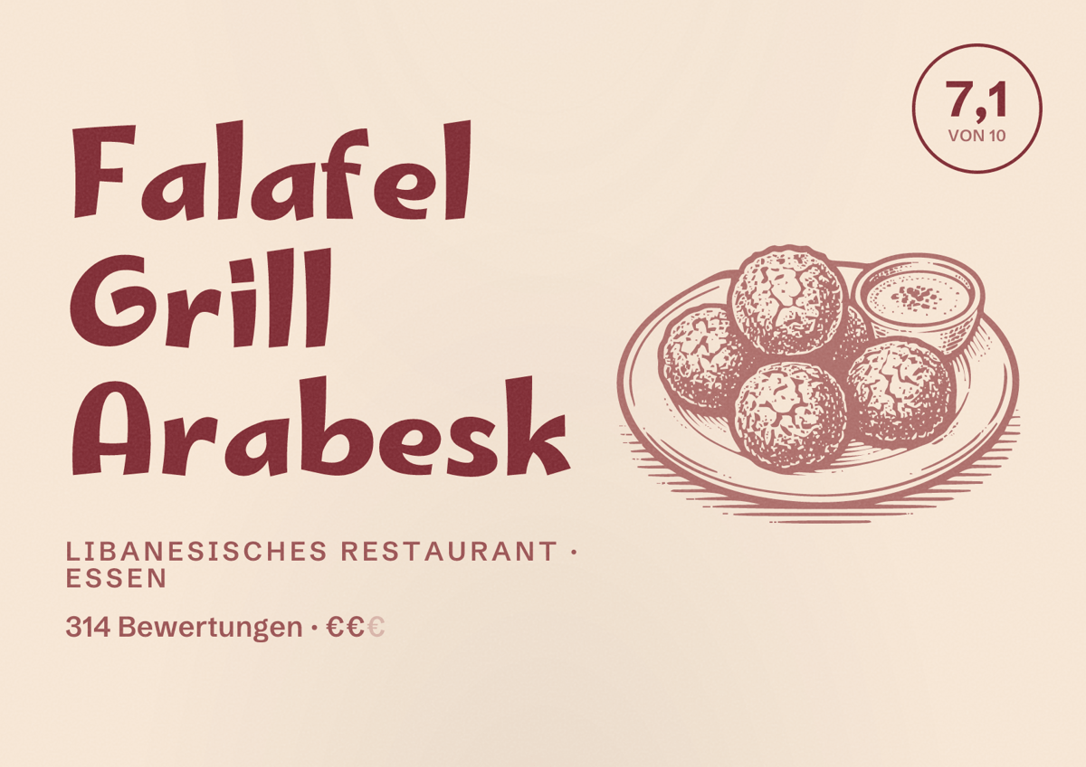 Illustriertes Poster von Falafel Grill Arabesk, Libanesisches Restaurant in Essen: Bewertung 7,1 von 10 aus 314 Bewertungen, Preisniveau €€