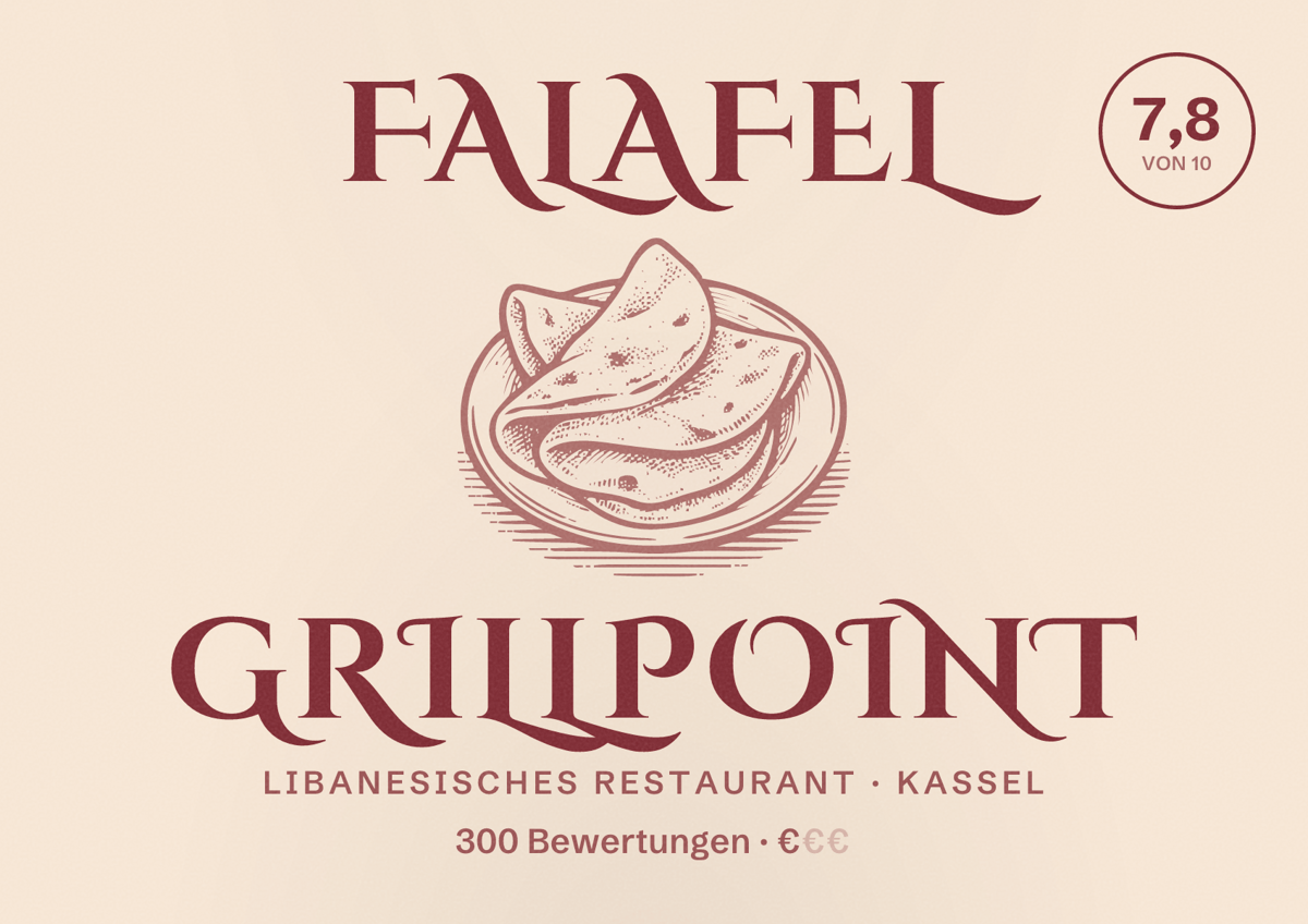 Illustriertes Poster von Falafel Grillpoint, Libanesisches Restaurant in Kassel: Bewertung 7,8 von 10 aus 300 Bewertungen, Preisniveau €